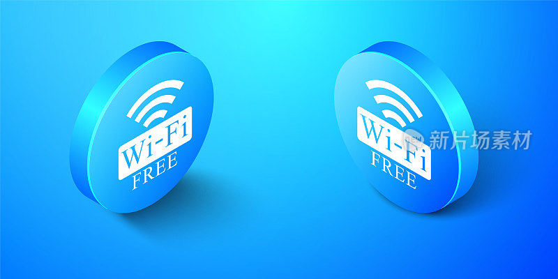 等距免费Wi-fi图标隔离在蓝色背景。wi - fi的象征。无线网络图标。wi - fi区。蓝色圆按钮。向量